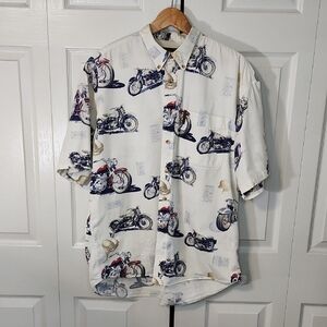 Vintage North River Mens Motorcycle Graphic Button Down Short Sleeve Shirt SZ LG